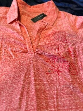 POLO TOP, SHORT SLEEVE, TANGELO, SIZE 4X, SHIRT COLLAR WITH VEE, PRINTED FLOWER